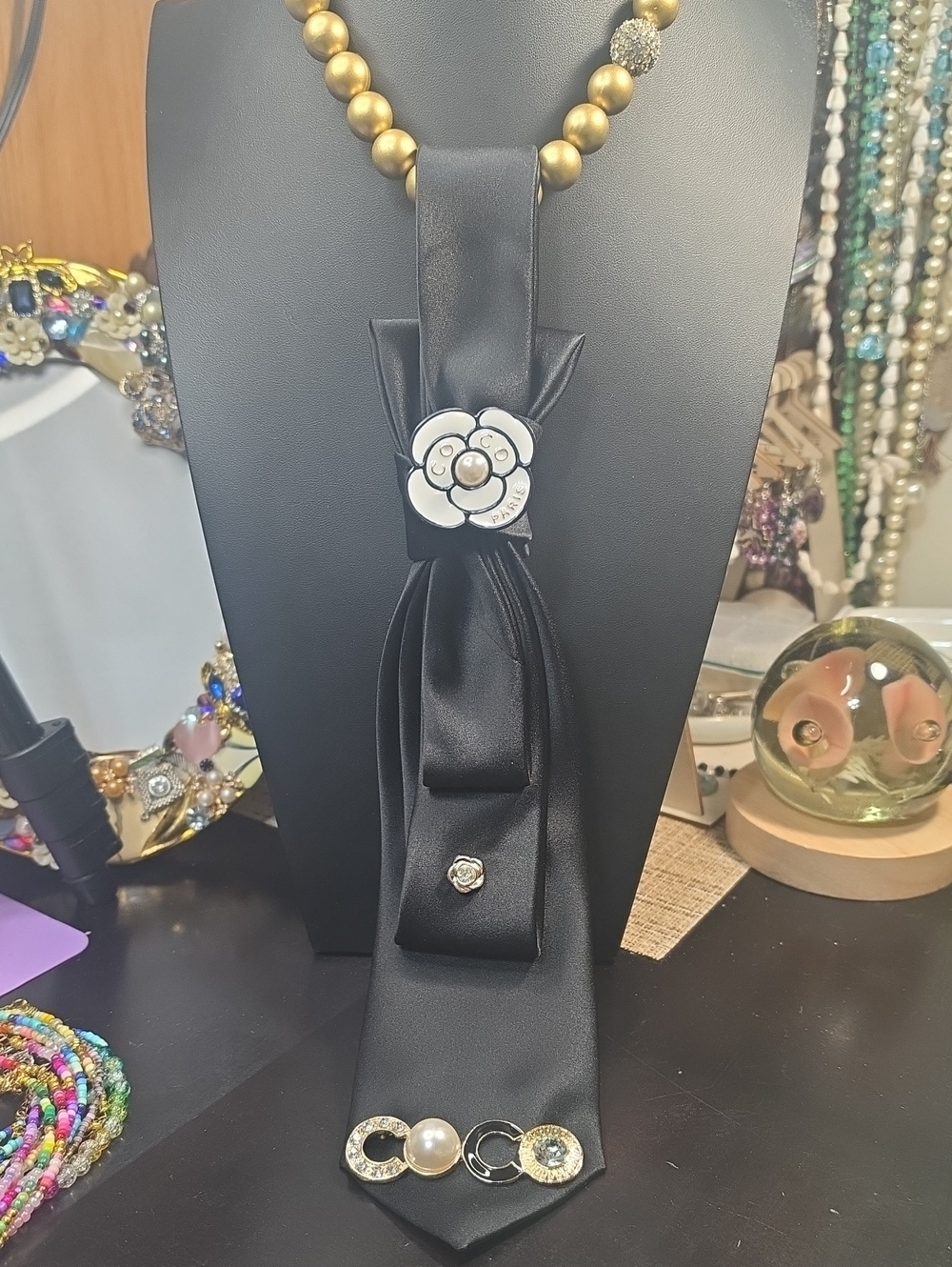 Black Necktie & Necklace with White Enamel Accent